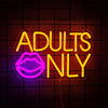 Neon sign spelling out ADULTS ONLY in bright yellow and magenta on a dark grid background.