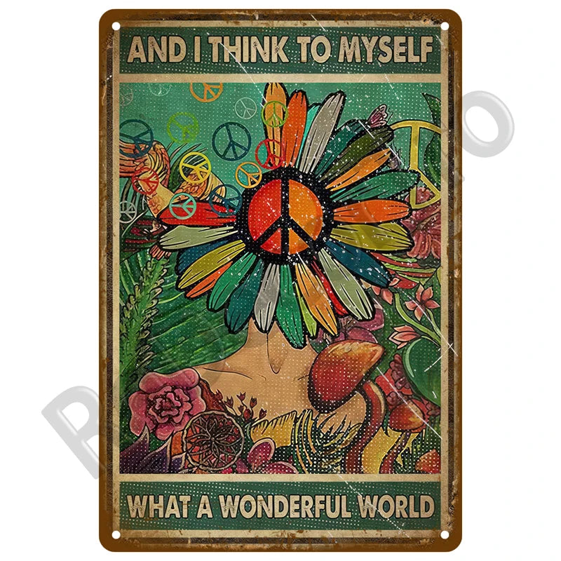 Vintage metal tin sign featuring a peace sign flower design with text that reads And I Think to Myself What a Wonderful World