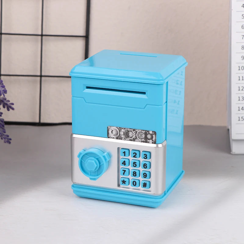 A light blue plastic piggy bank with a silver keypad and slot for coins or bills.