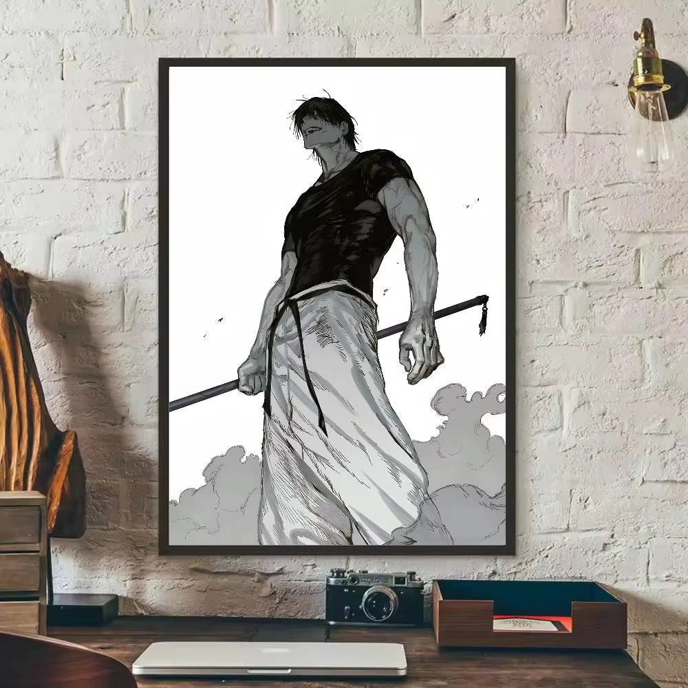 Canvas art poster of Toji Fushiguro in a dark shirt and light pants against a gray background.