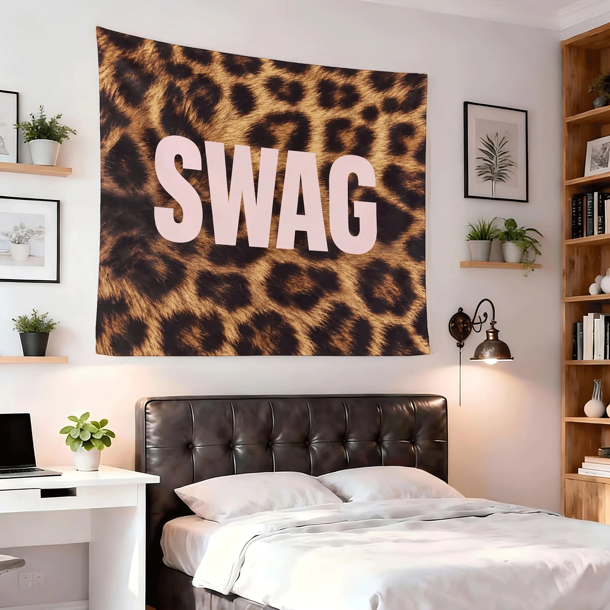 A large tapestry featuring a leopard print design with the word SWAG in large pink letters hanging above a modern bed.