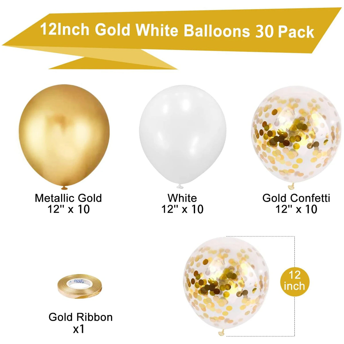 A pack of 30 12 inch gold and white balloons, including metallic gold, white, and gold confetti balloons, and a gold ribbon.