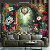 A lush fantasy tapestry featuring roses, mushrooms, and a checkered path leading through an arched doorway.