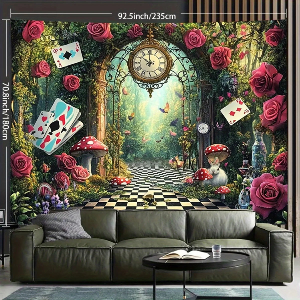 A lush fantasy tapestry featuring roses, mushrooms, and a checkered path leading through an arched doorway.