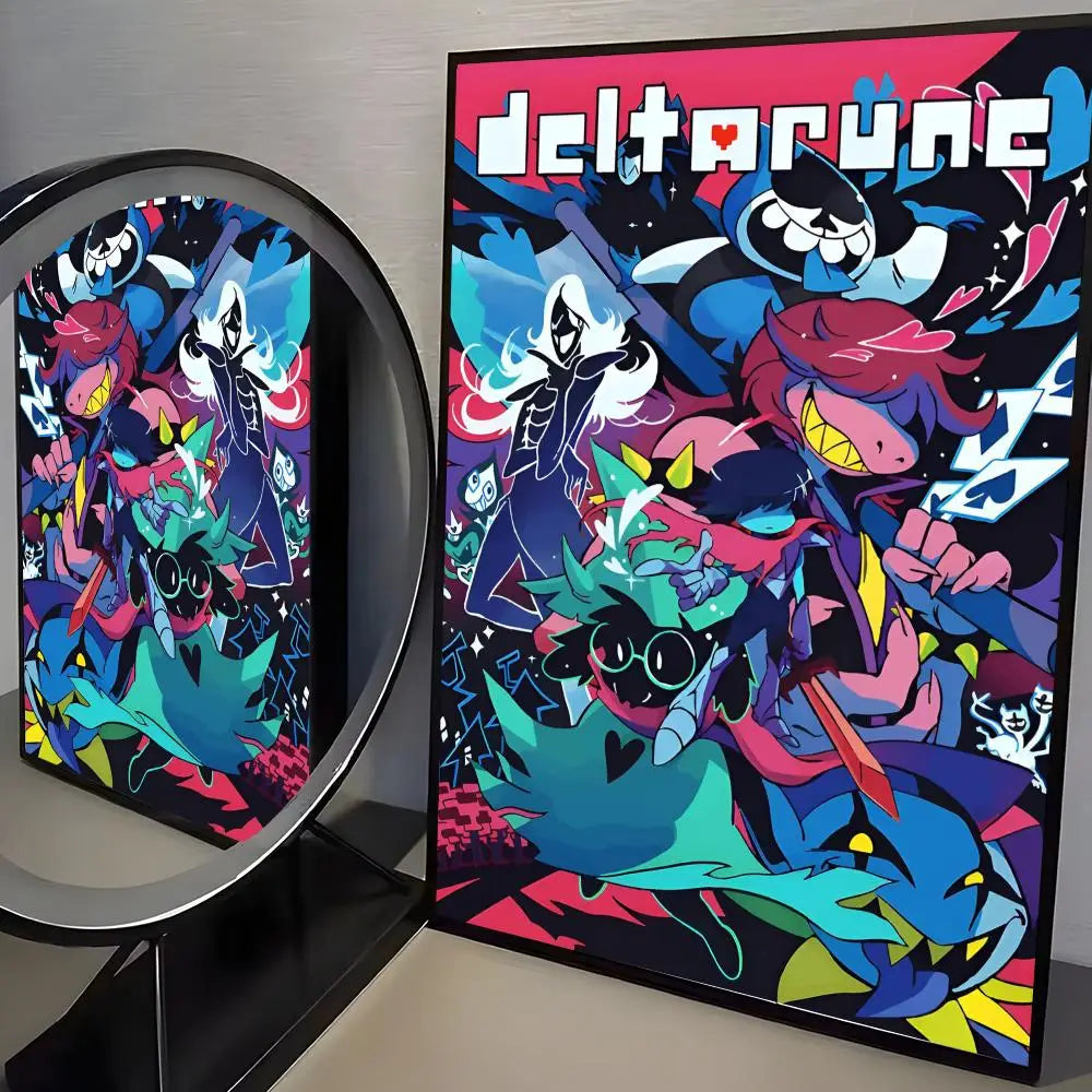 A vibrant poster featuring characters and text from Deltarune in a dark, stylized comic book art style.