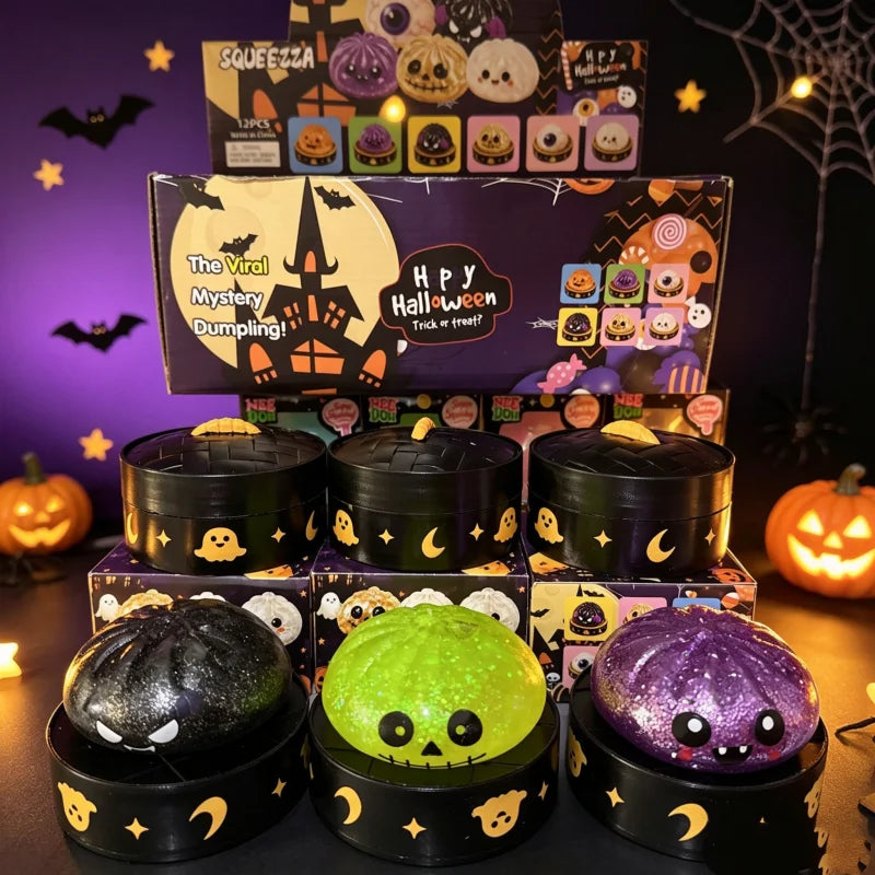 A Halloween themed sensory squishy blind box featuring pumpkin and spooky characters in various colors.