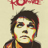 A stylized portrait of Gerard Way from My Chemical Romance featuring dark hair and intense blue eyes against a distressed bac