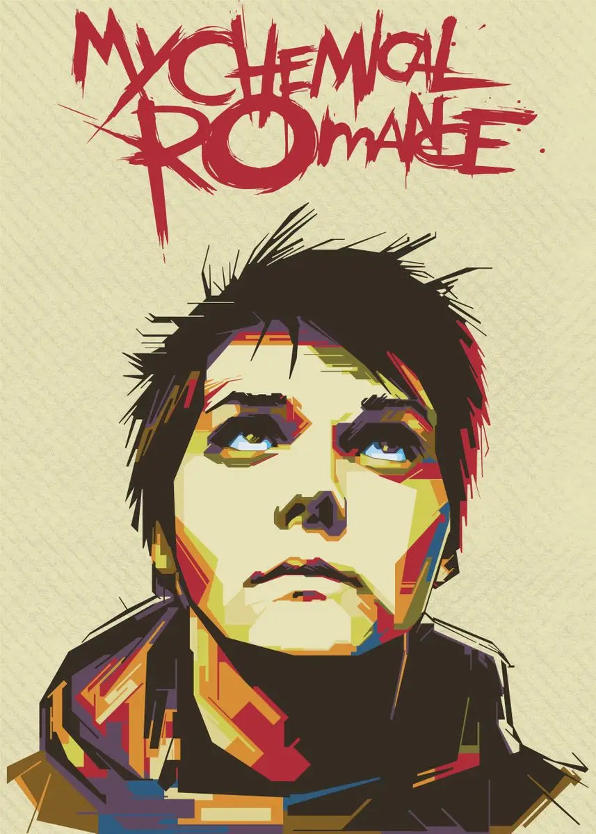 A stylized portrait of Gerard Way from My Chemical Romance featuring dark hair and intense blue eyes against a distressed bac