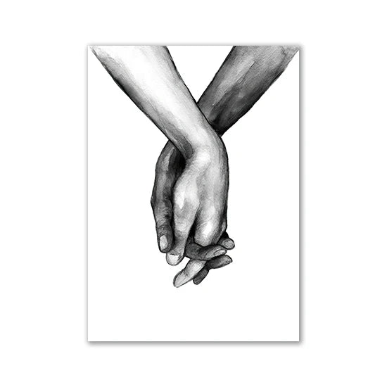 A black and white line art drawing of two hands clasped together.