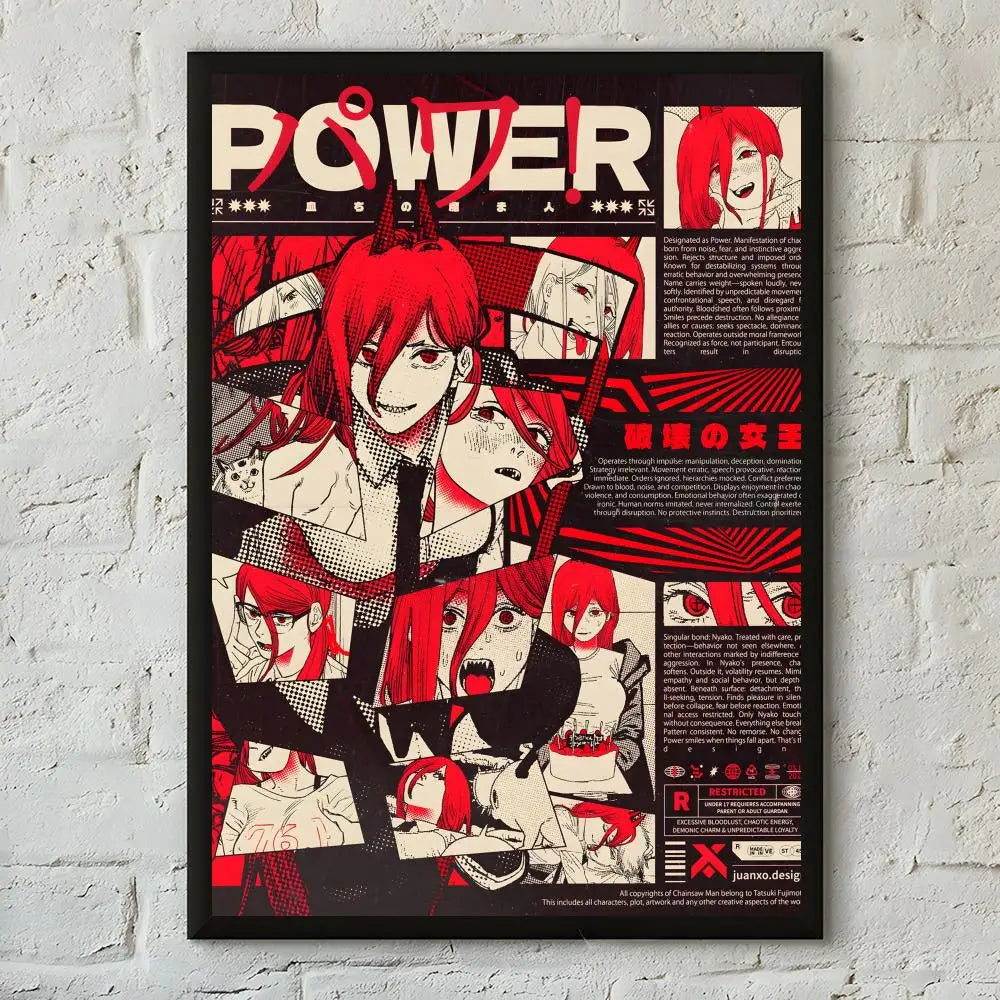 A dark poster featuring the character Makima from Chainsaw Man in various artistic styles and poses.