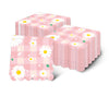 A stack of pink checkered disposable napkins decorated with white daisy flowers.