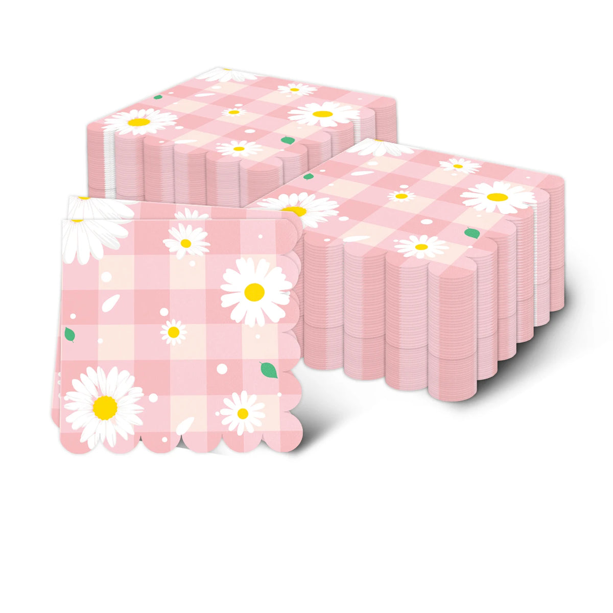 A stack of pink checkered disposable napkins decorated with white daisy flowers.