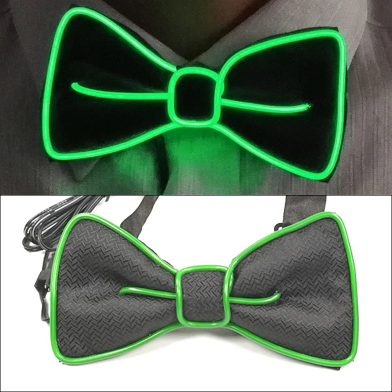 A black bow tie accessory with bright green LED wire outlining the edges.