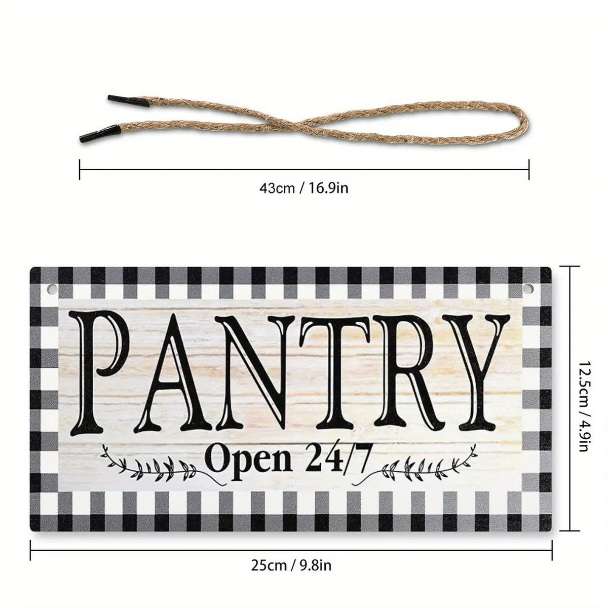A vintage wooden farmhouse hanging sign featuring the word PANTRY and open 24/7 on a black and white checkered background.