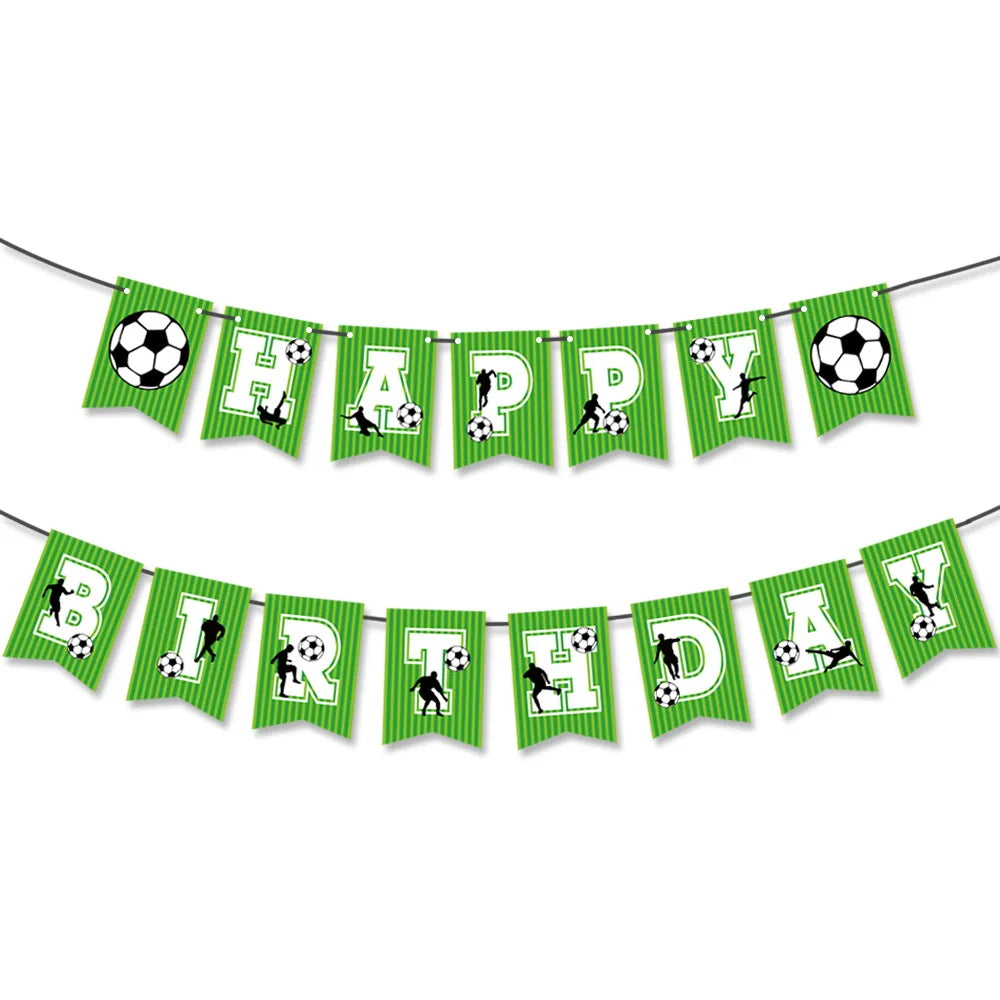 A banner decoration for a birthday party featuring soccer ball themed pennants in green and yellow.