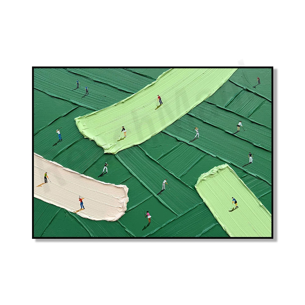 Abstract golf scene canvas art featuring green and beige tones with small figures on a textured background.