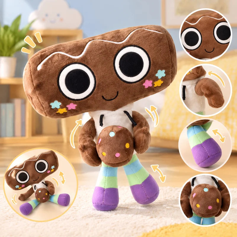 A brown and white plush toy resembling a coffee bean, shown with various parts highlighted.
