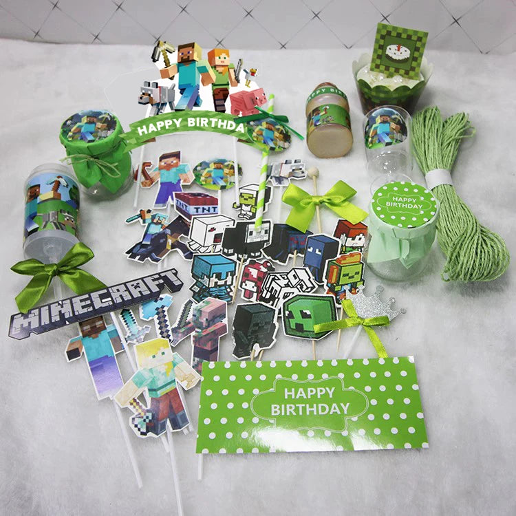 A collection of Minecraft-themed party supplies including flag pulling cake toppers, decorations, and tableware.