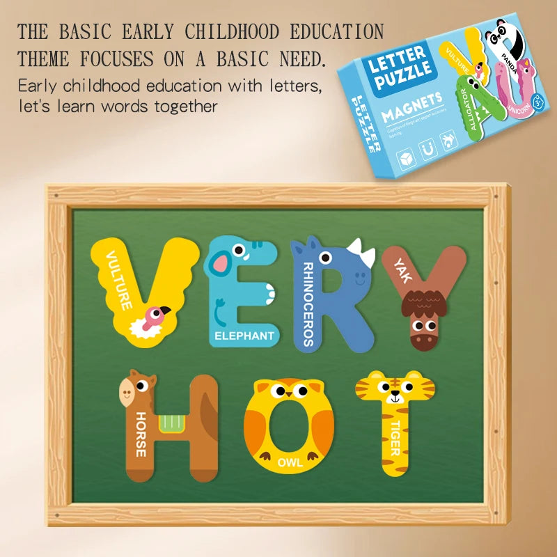 A wooden board displays large letter words like VERY, ELEPHANT, RHINOCEROS, and YAK, along with other animal-themed words.