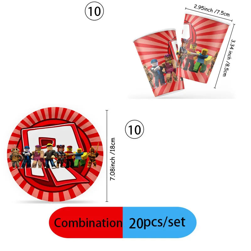 A set of 20 disposable party supplies featuring complete robot themes including cups and a circular plate.
