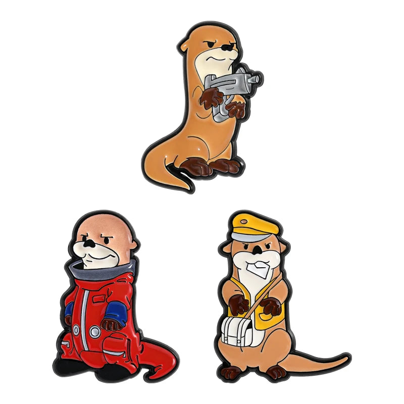 A set of enamel pins featuring cartoon characters, including a monkey with a gun and a cat wearing a uniform.