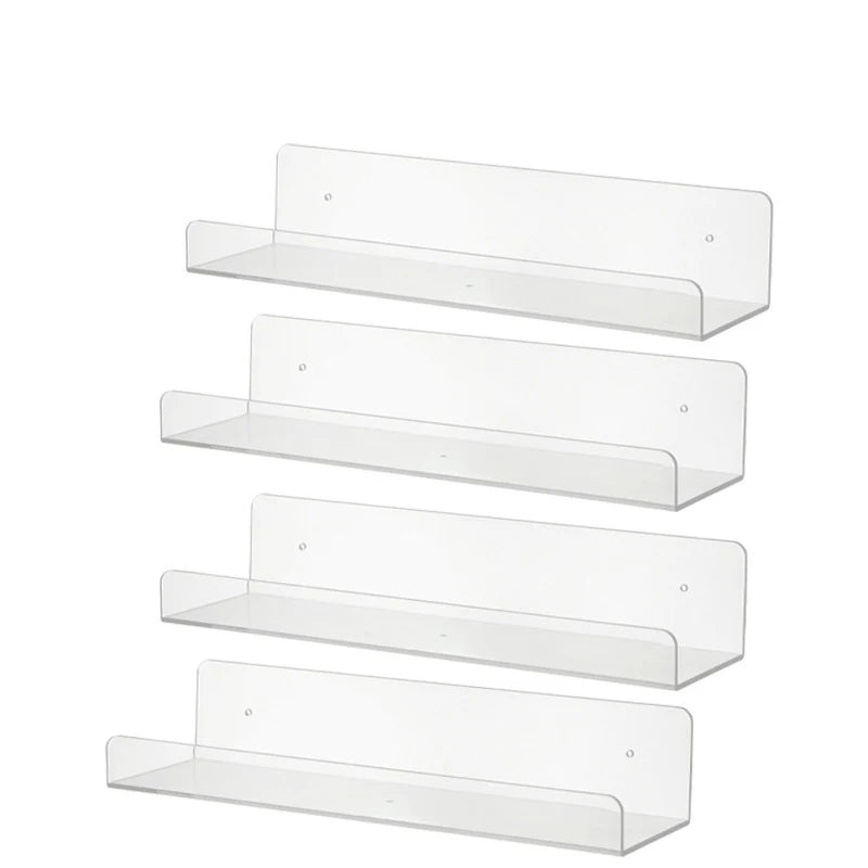 A set of five clear acrylic floating display shelves for invisible wall mounting.