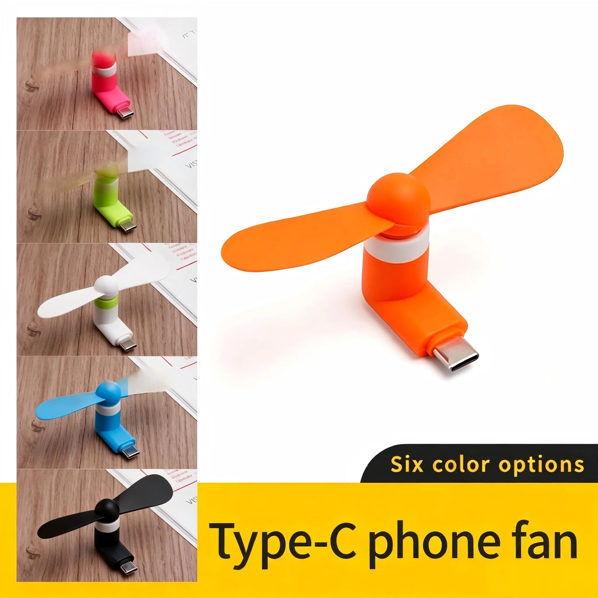 Orange Type-C phone fan shown in various colors and angles