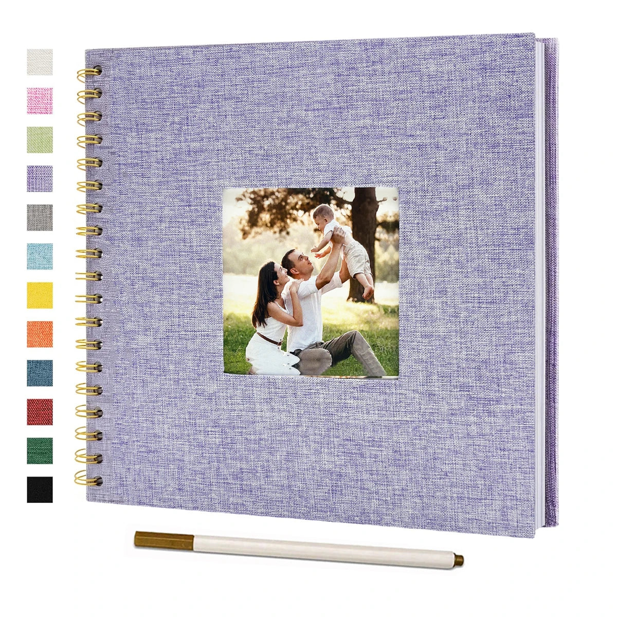 A purple linen cover scrapbook album with a gold spiral binding and a photo of a couple.