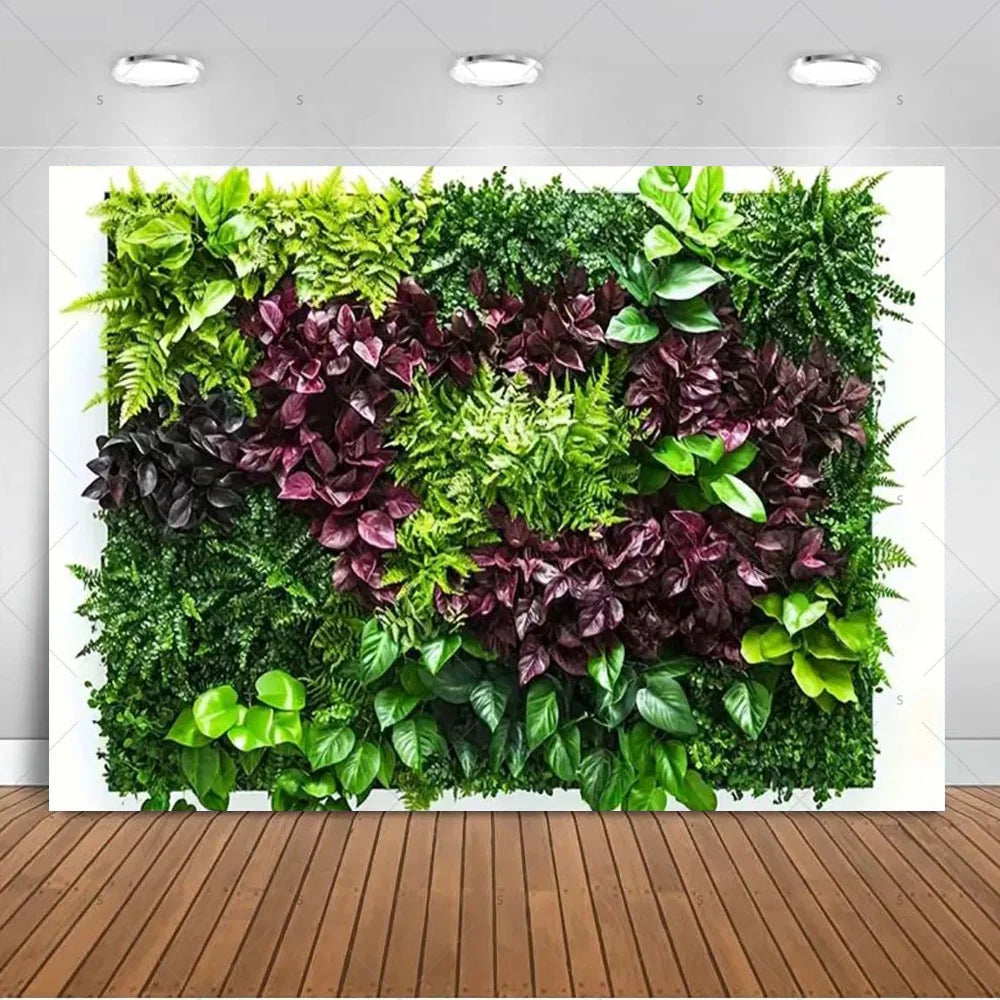 A lush green tropical palm leaf backdrop featuring various vibrant green and purple foliage for party decor.