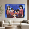 A wall tapestry featuring four characters from the Azumanga Daioh anime in a vibrant blue background.