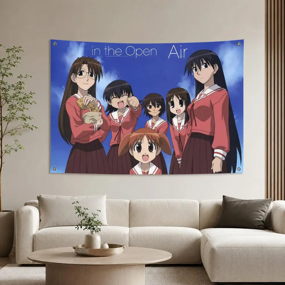 A wall tapestry featuring four characters from the Azumanga Daioh anime in a vibrant blue background.