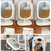 A set of rechargeable LED vanity mirrors showing cold, warm, and neutral light settings with touch controls.