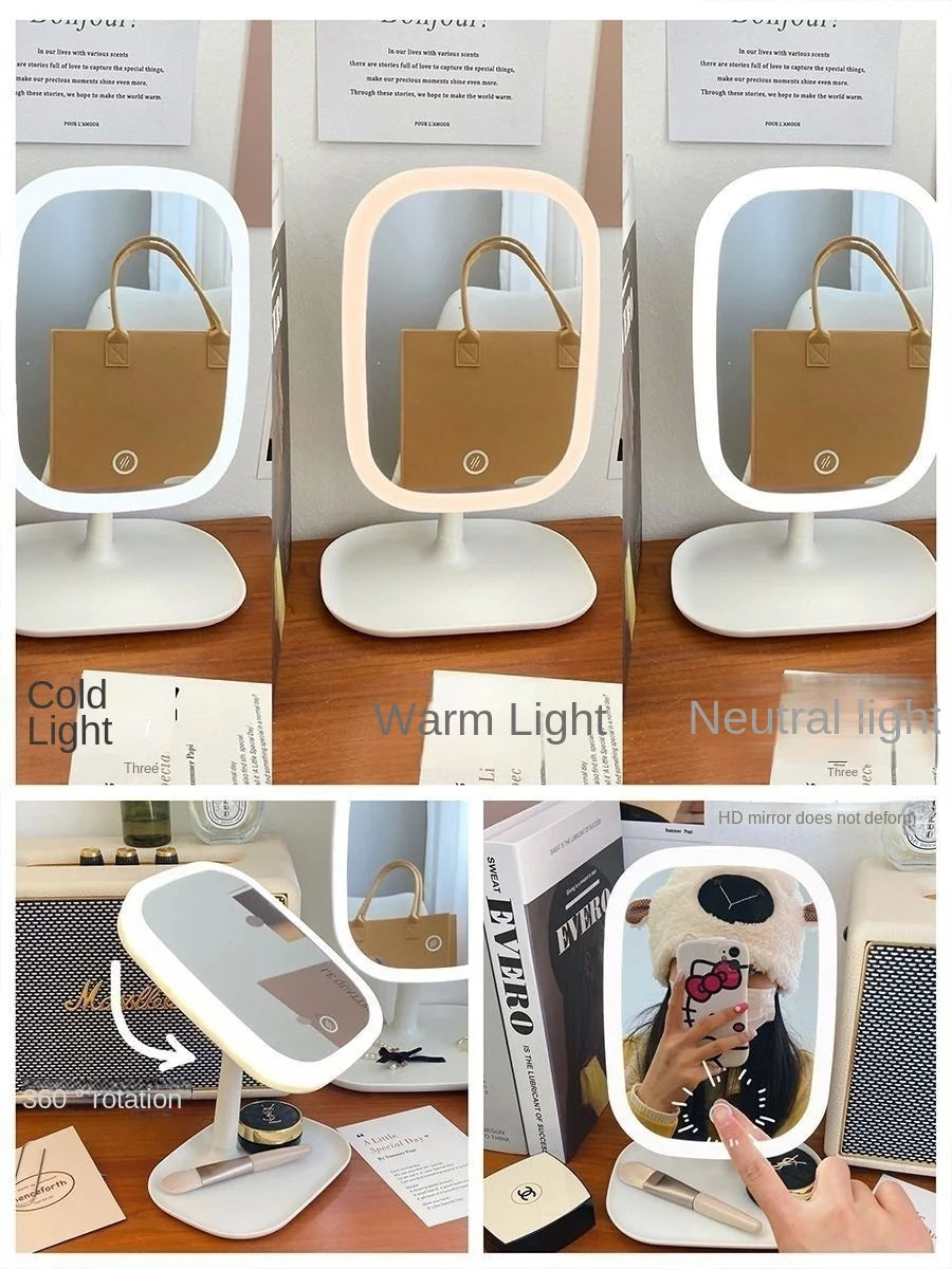 A set of rechargeable LED vanity mirrors showing cold, warm, and neutral light settings with touch controls.