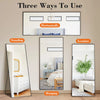Three ways to use a full length arched wall mirror showing horizontal, standing, and leaning orientations