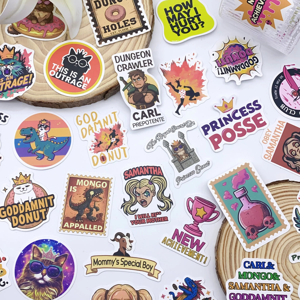 A collection of colorful graffiti stickers featuring characters and text for a Dungeon Crawler theme