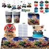 Monster truck birthday party decoration kit including tableware and backdrop