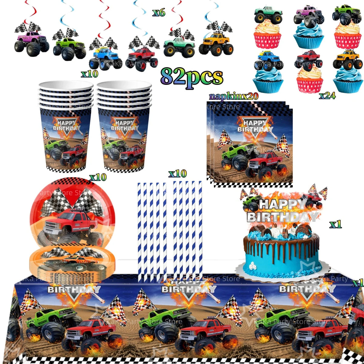 Monster truck birthday party decoration kit including tableware and backdrop