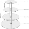 A clear acrylic three-tier cupcake stand with graduated diameters and height measurements.
