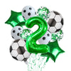 A set of green and silver balloons shaped like the number 2 and a soccer ball, used for a football party.