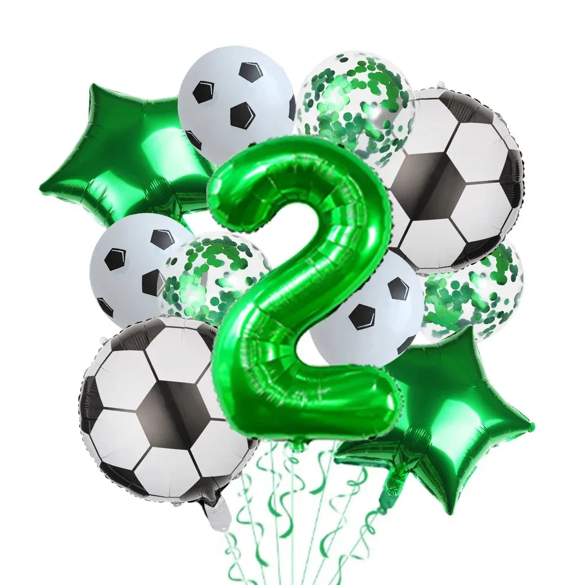 A set of green and silver balloons shaped like the number 2 and a soccer ball, used for a football party.