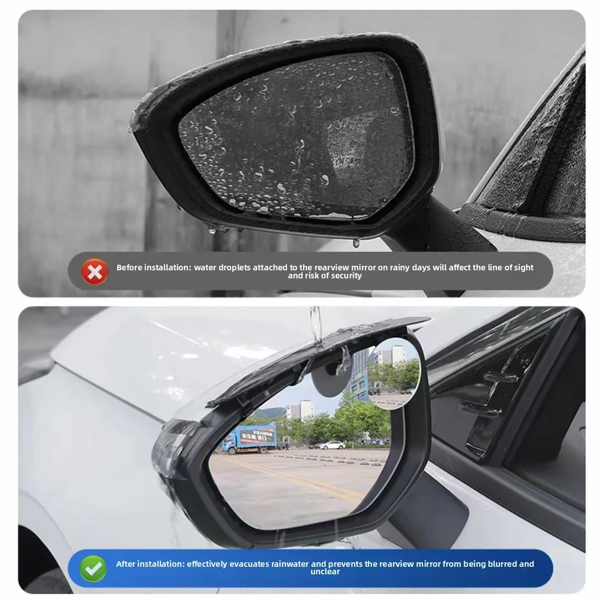 Carbon fiber rearview mirror rain guard installed on a vehicle, showing clear visibility.