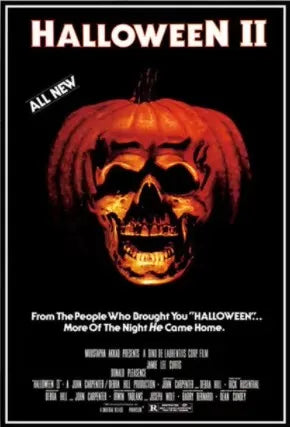 Poster for Halloween II featuring a carved pumpkin skull in orange and black tones.