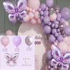 A purple and pink balloon garland arch featuring butterflies and various shades of balloons for parties.