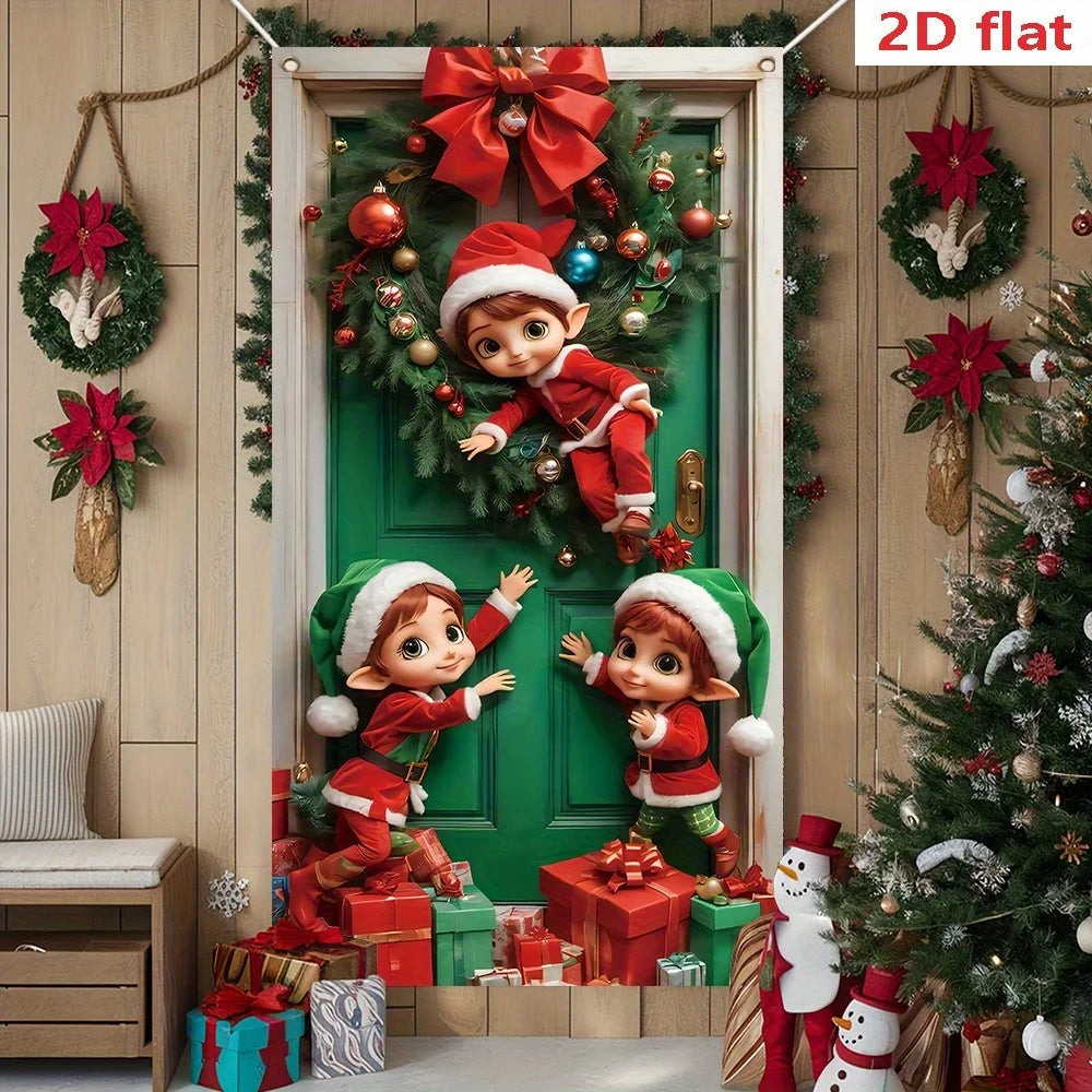 A festive Christmas elf door curtain featuring a smiling elf in a red suit surrounded by gifts and greenery.