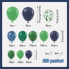 A collection of various colored balloons, including green, purple, and silver, packaged as a 123-piece set.