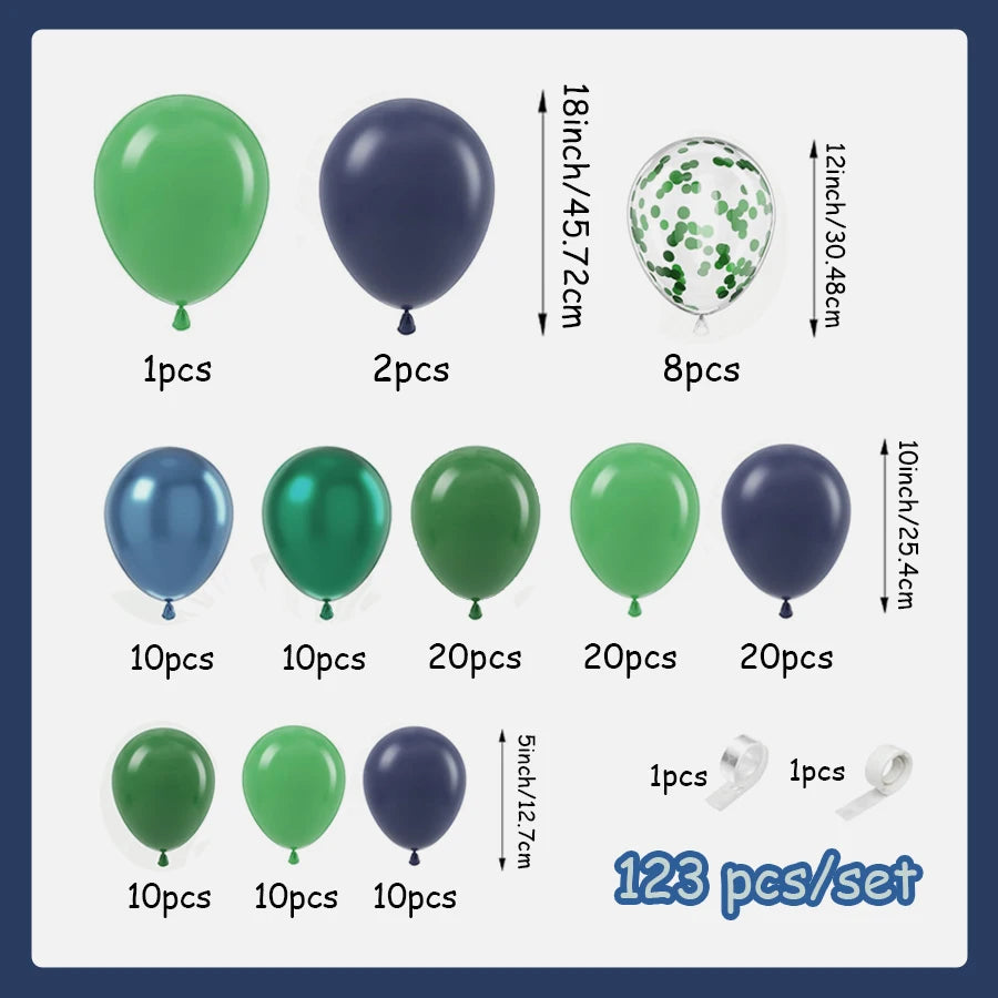 A collection of various colored balloons, including green, purple, and silver, packaged as a 123-piece set.