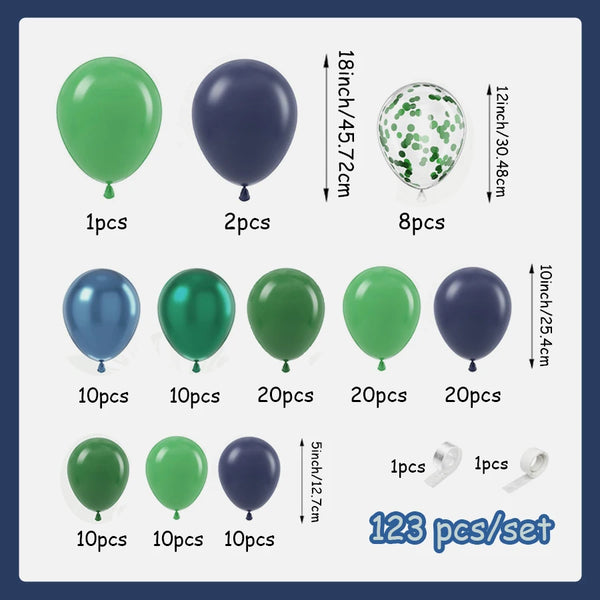 A collection of various colored balloons, including green, purple, and silver, packaged as a 123-piece set.