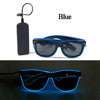 Blue light up EL wire party glasses shown in a pair and a separate device.