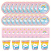 A set of colorful disposable paper plates, cups, and napkins featuring rainbows and clouds for parties.