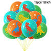 A set of 12 inch dinosaur-themed balloons in various colors, including red, orange, yellow, and blue.